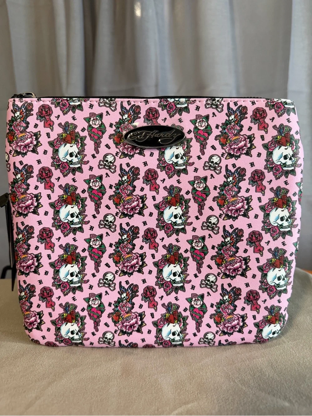 Ed Hardy Y2K Pink Skull & Flower Graphic Wristlet Pouch / Makeup Bag NWT